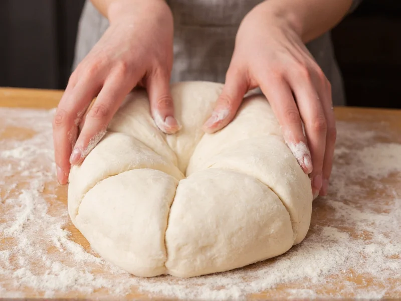 Hands stretching bread dough during kneading