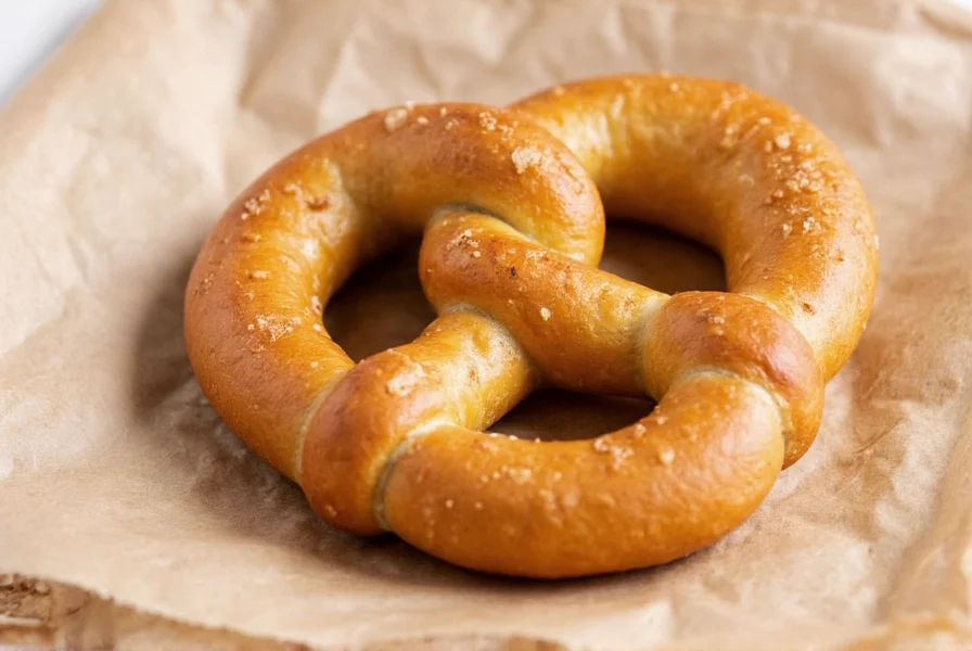 Close-up photograph of perfectly golden cinnamon pretzel with visible sugar-cinnamon coating texture and soft interior crumb structure