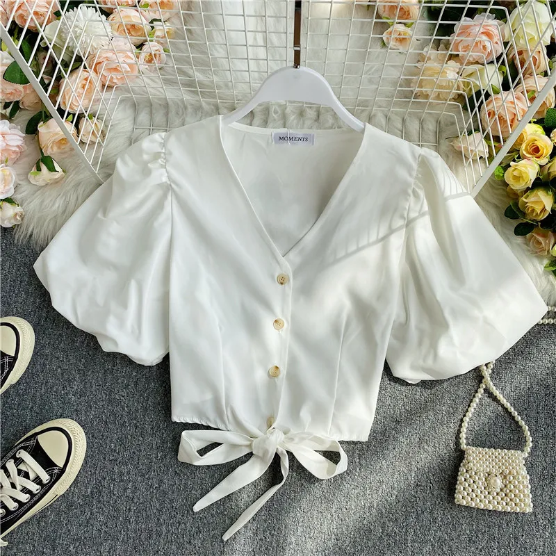 

Summer Niche Collection Waist Tie Bow Short-sleeved Girly Shirt High Waist Short V-neck Shirt Top Clothes For Woman, White,pink,red,black,yellow,green