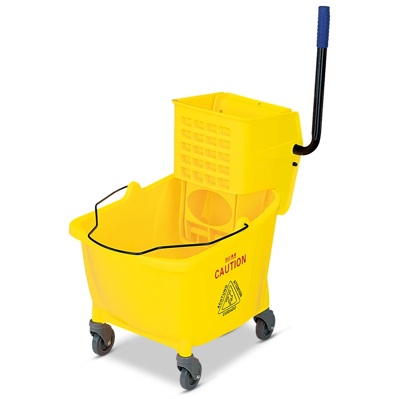 

hot selling 32L plastic side press wringer trolley yellow cleaning mop bucket with wheel for hospital /hotel water mop, Yellow/green/blue/red