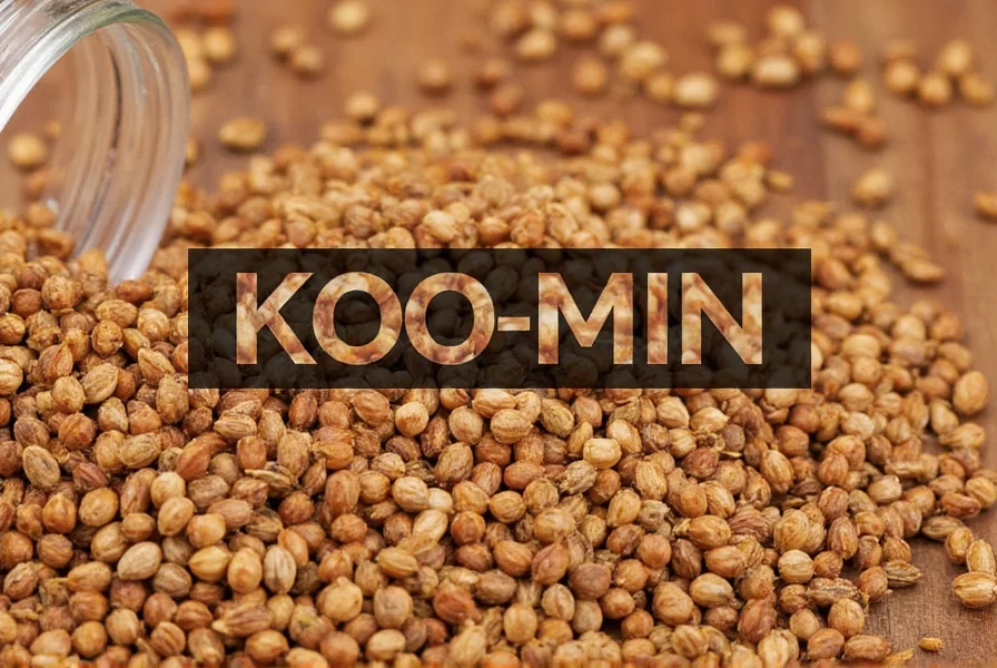 Close-up of cumin seeds in a spice jar with pronunciation guide overlay showing KOO-min