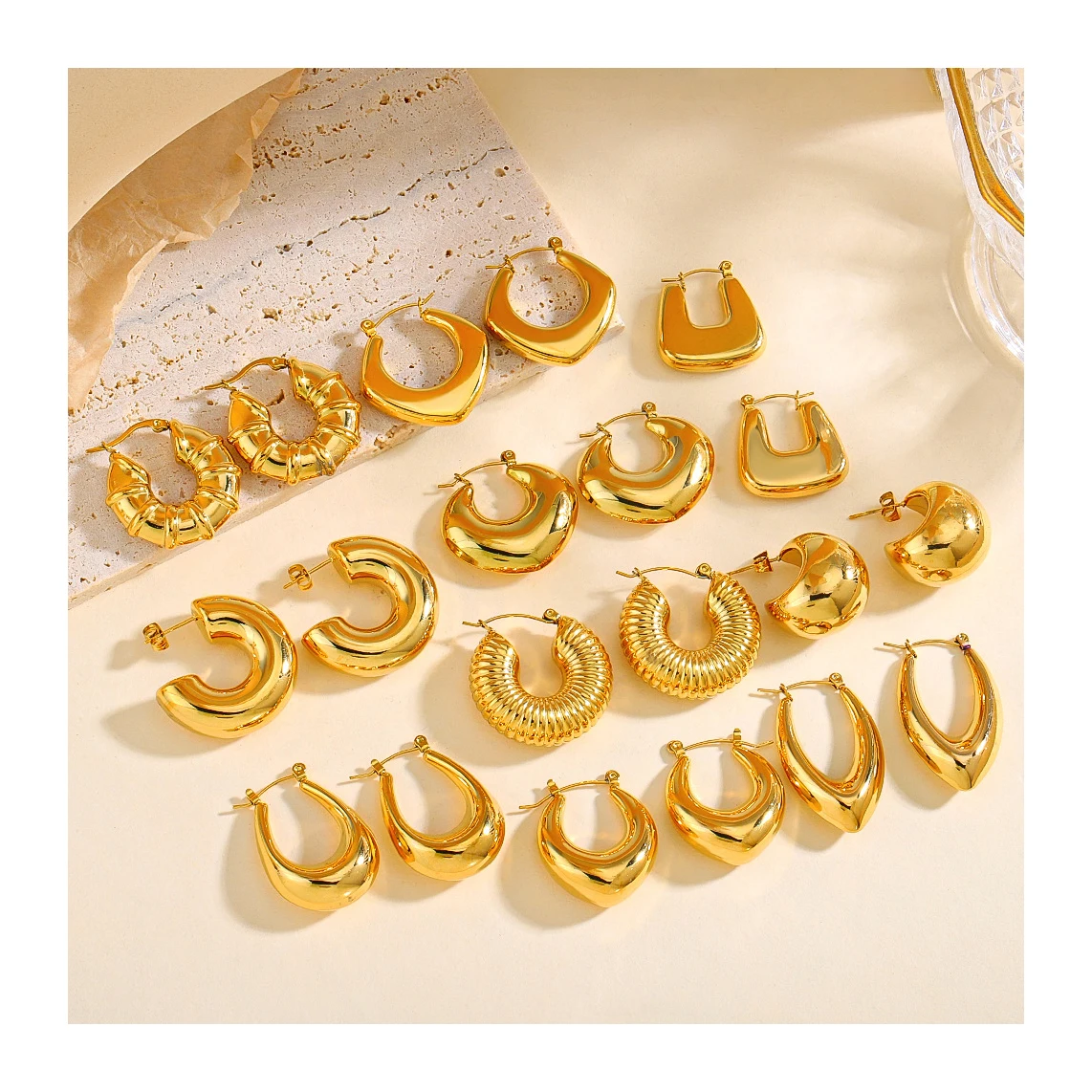 

ERESI Hoop Earrings Hypoallergenic Heart Geometric C 18k PVD Gold Plated 316L Stainless Steel Chunky Hollowed Statement Earrings
