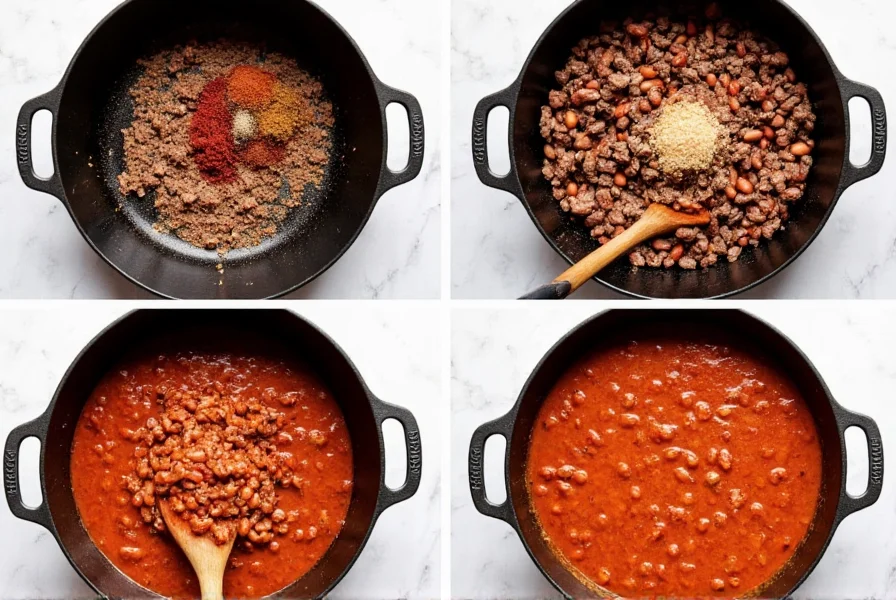 Step-by-step beef and bean chili cooking process showing browning meat, adding spices, and final simmered chili in cast iron pot