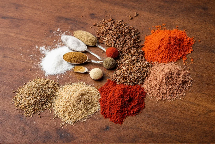 Homemade chili seasoning ingredients arranged neatly on wooden table with measuring spoons