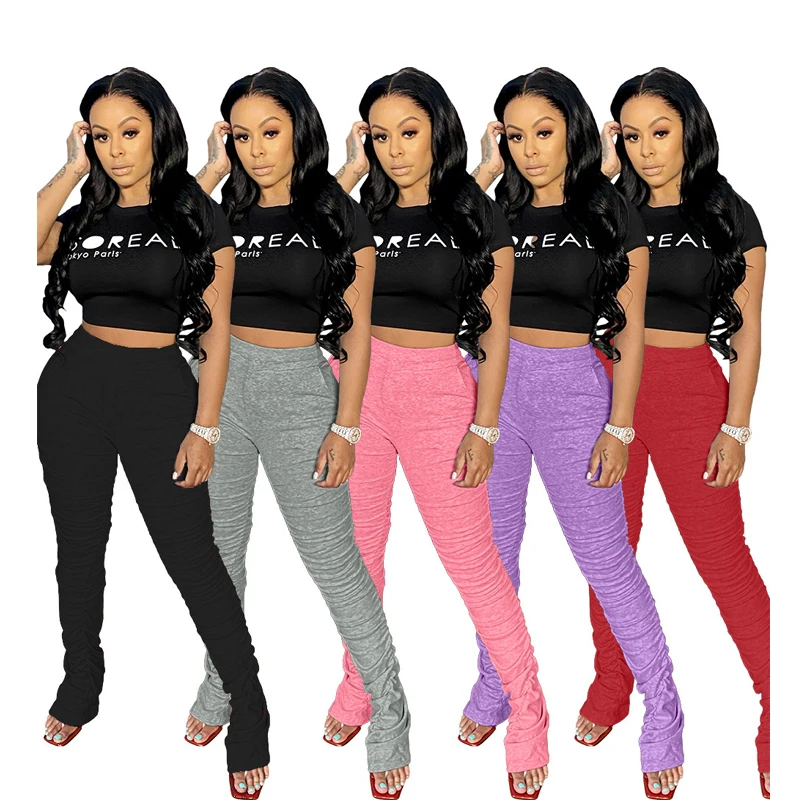 

Wholesale Fashion Casual XS-2XL Solid Color High Waist Ruched Pants Women Stacked Leggings