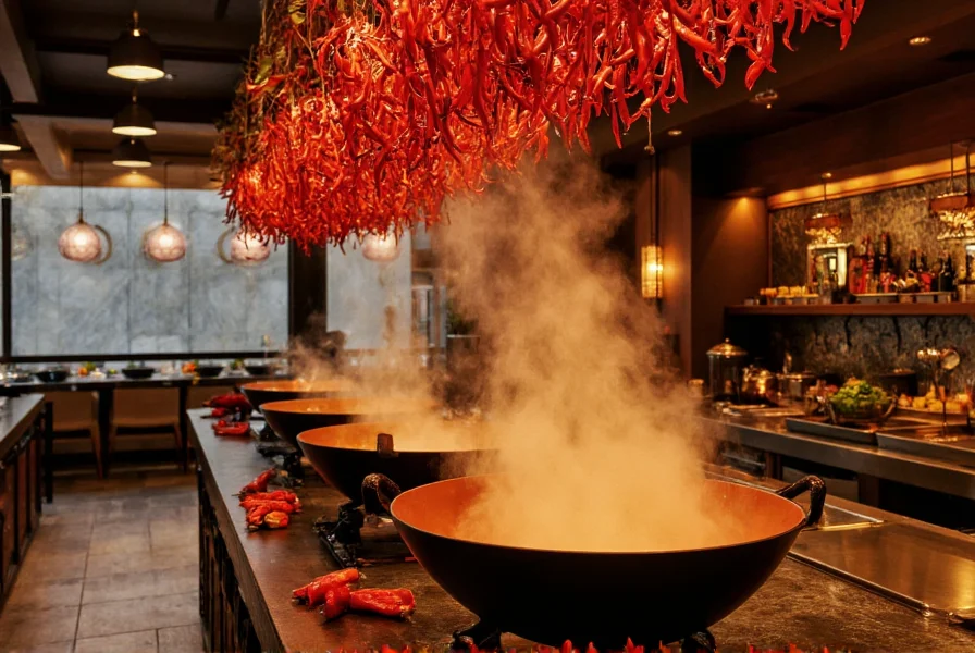 Traditional Sichuan kitchen with wok station and red chili peppers hanging