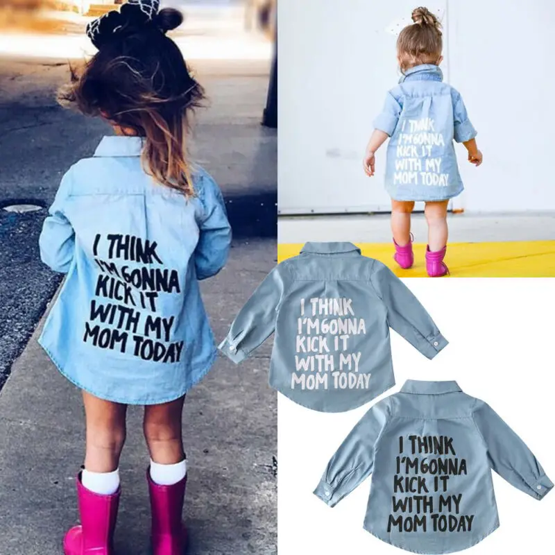 

2-7Y Autumn Toddler Kids Baby Girl Shirts Tops Clothes Shirt Warm Coat Denim Letter Print Long Sleeve Tops Shirt, As pictures