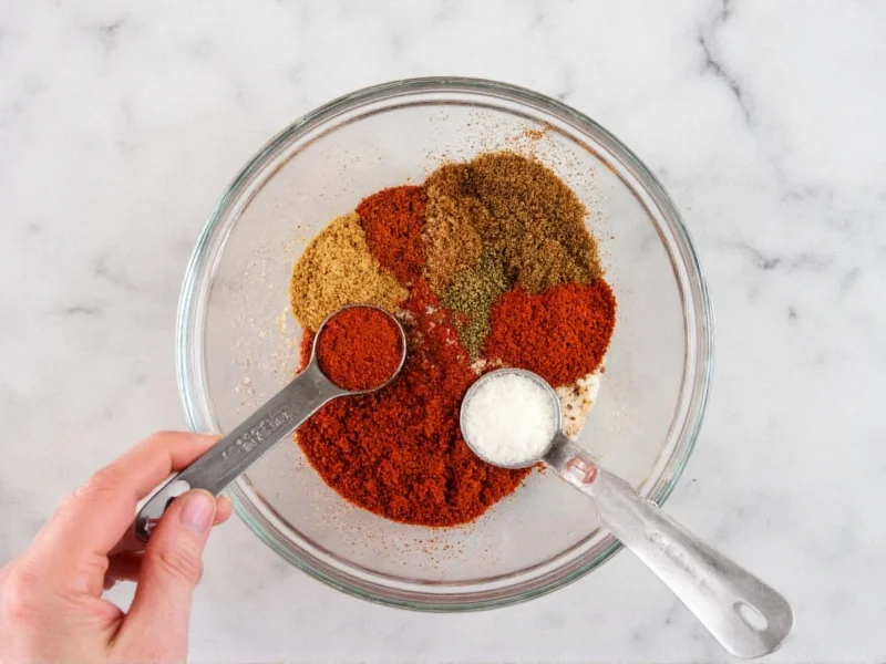 Mixing fajita spices in glass bowl with measuring spoons