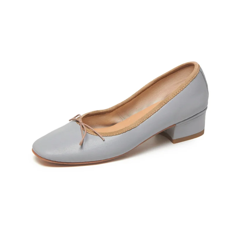 

New Ladies Leather Mid Heel Handmade Round Toe Slip On Mid Heel Comfortable Solid Bow Ballet Shoes