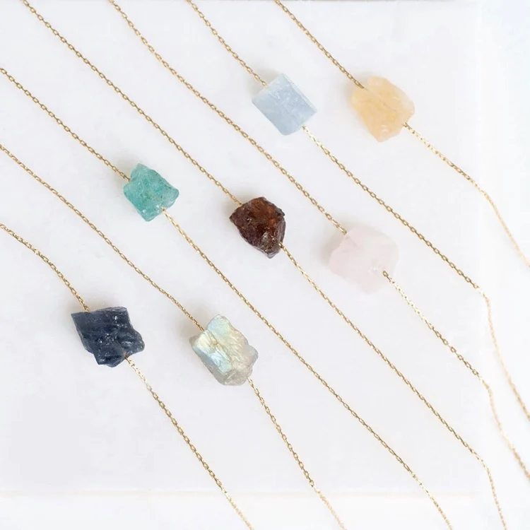 

BD-A1397 Natural Raw Birthstone Necklace , Layering Dainty Stone Pendant Healing gemstone Crystal Necklace
