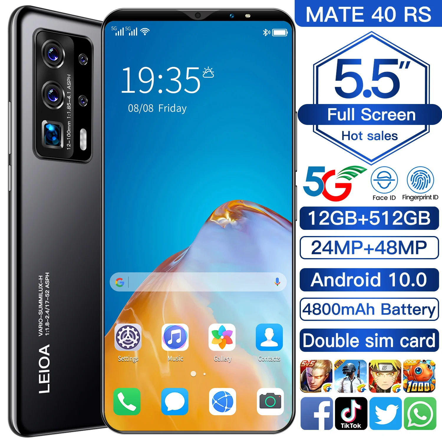 

P40 Pro Mobile Phone 512GB Face Recognition Fingerprint Unlock Cell phone Support Dual Card Dual Standby Smart Phone, Black. blue. green