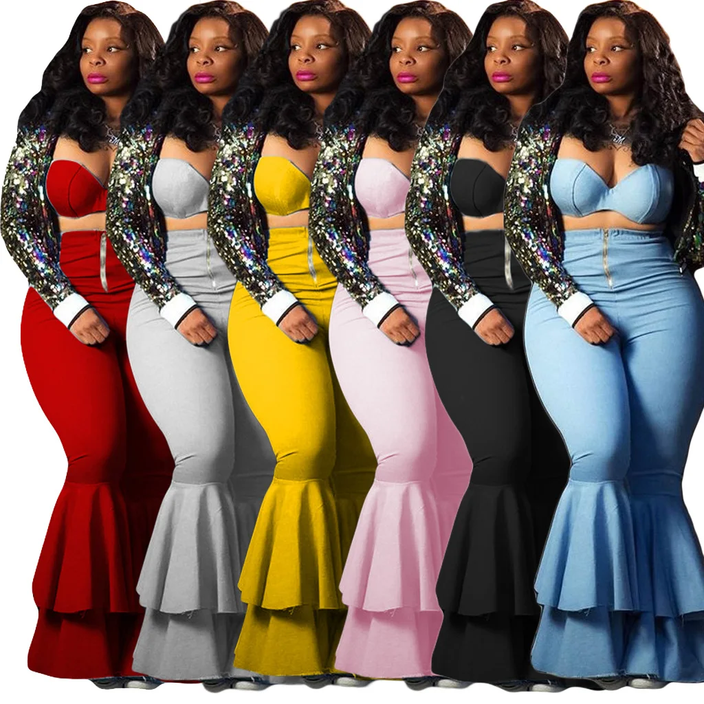 

Fall Fashion Strapeless Two Piece Set Women Clothing 2020 Sexy Solid Color 2 Piece Set Plus Size Flare Two Piece Pants Set