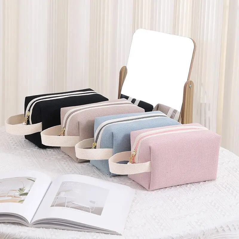 

Cosmetic Bag Makeup Bag with Zipper Travel Waffle Cotton Toiletry Bag for Women