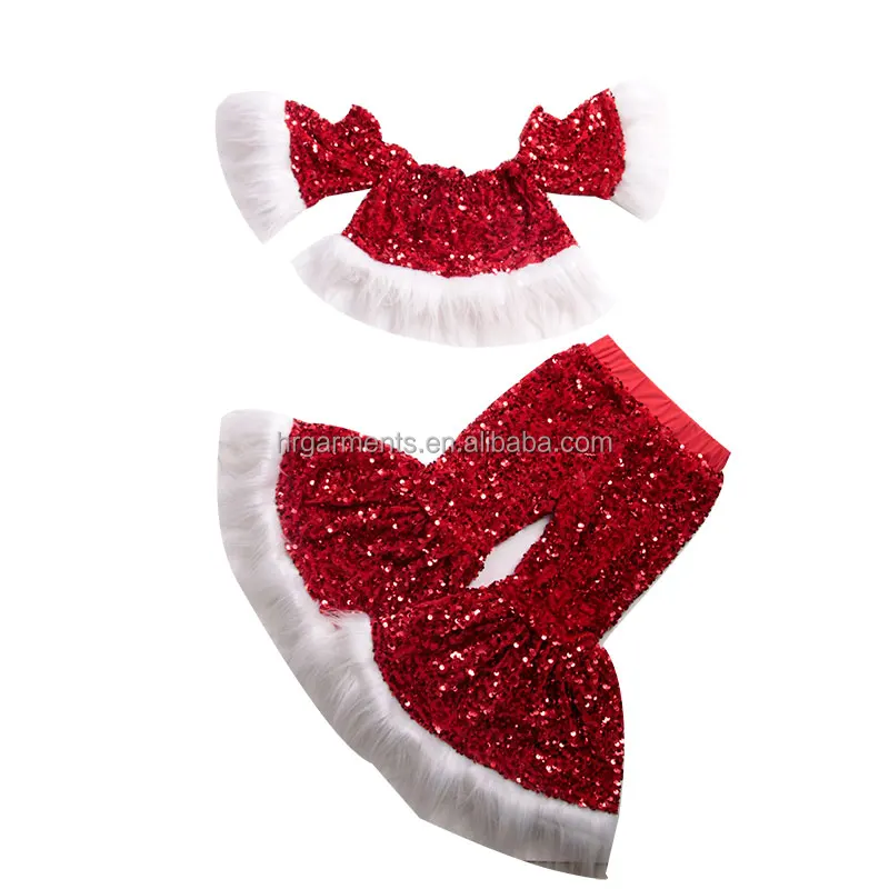 

Girl Boutique Sequin suit for Christmas Children Outfits Baby Girl Red Off-shoulder Suit Fall Winter wear, As picture