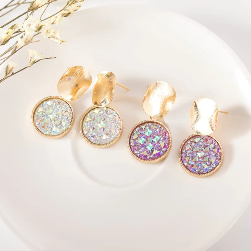 

JUHU New Super Flash Earrings Temperament Super Fairy Round Metal Earrings Simple Joker Female Earrings, Purple, green