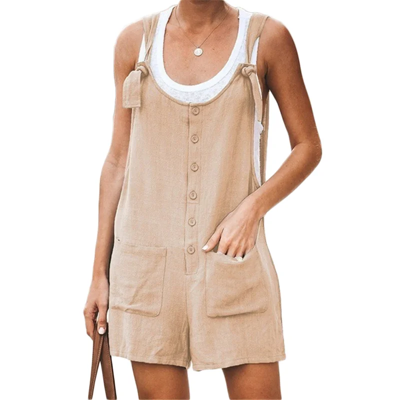 

Women Fashion Solid color patch pocket lace up cotton hemp shoulder strap Jumpsuit