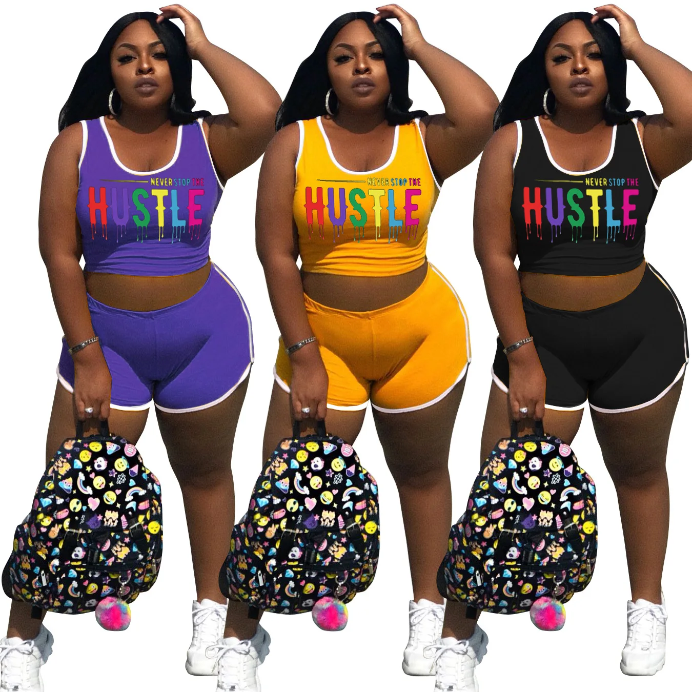 

Summer custom plus size sets plus size clothing printing sport vest top and shorts plus size women clothing two piece set