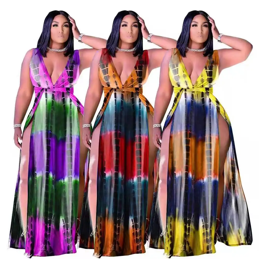 

2021 tie dye fashion high slit dress sexy deep V neck maxi dresses club party wear