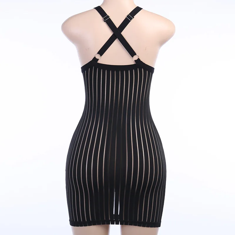 

LH104 New arrival Female Black V-Neck Mesh adjustable Sling Dress Backless Stripe dresses women