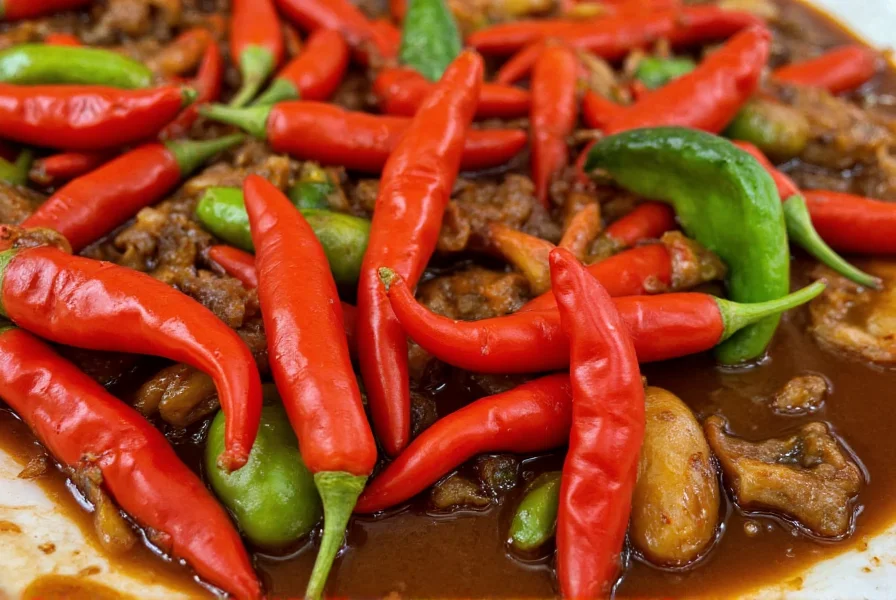 Close-up of siling labuyo peppers next to adobo dish