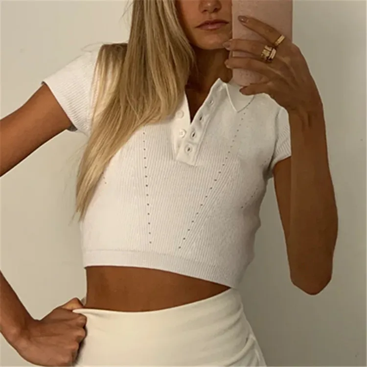 

New Arrivals Solid Color Short Sleeve Turndown Collar Ladies T Shirt Summer Cute Crop Top Knitting T-Shirts -PT