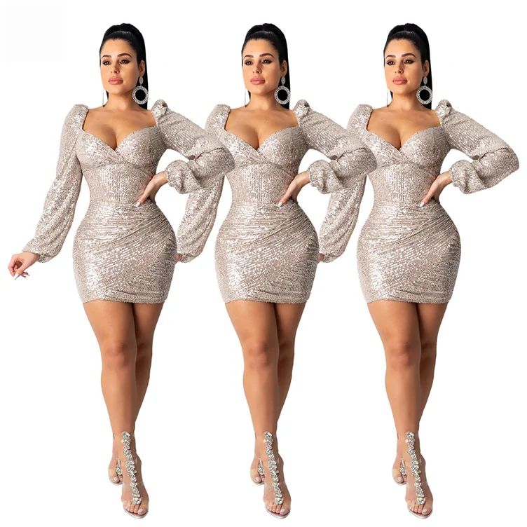 

*GC-T022 2022 new arrivals best price puff sleeve sequins evening party wrinkle Sexy Bodycon Women High Fashion Clothing Dress