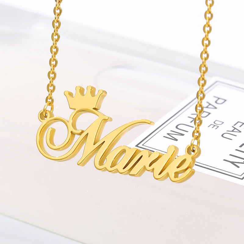 

Personalized Name Crown Necklace Necklace Cursive Font Nameplate Pendant Stainless Steel Chain Jewelry, Gold/platinum/rose gold