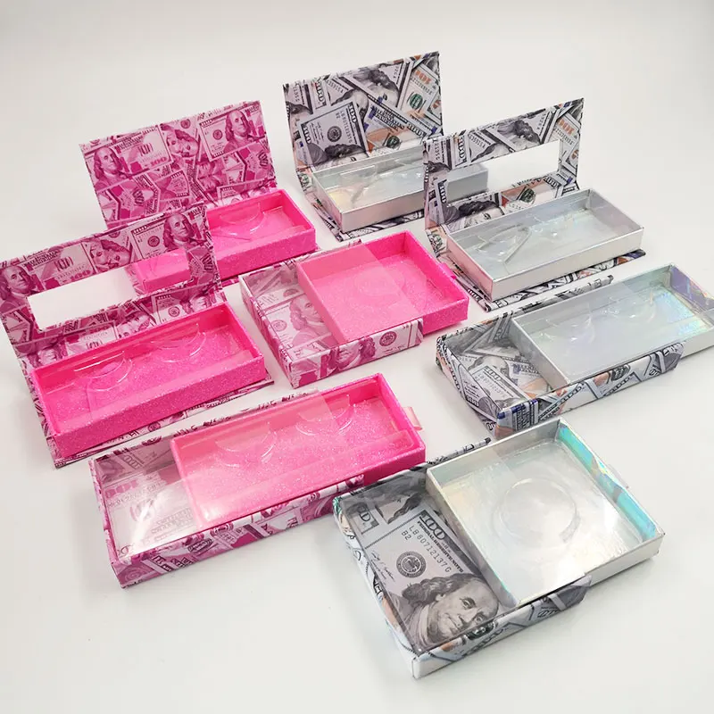 

Eye Lashesh Case Custom Empty Pink Square Dollar Sign Slide Lash Box Rectangle Money Lashbox Drawer Eyelash Packaging, Pink / blue