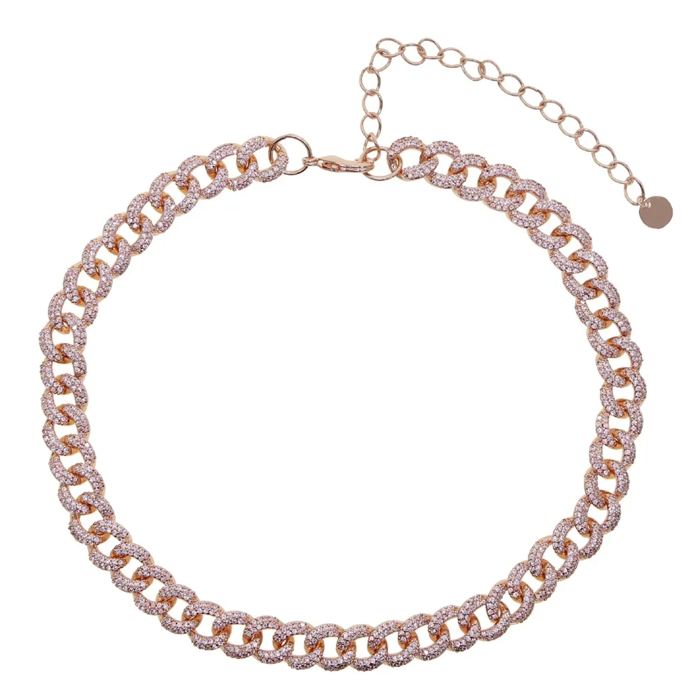

Rose gold Pink cz cuban link chain necklace bracelet Pink girl women fashion jewelry, Black