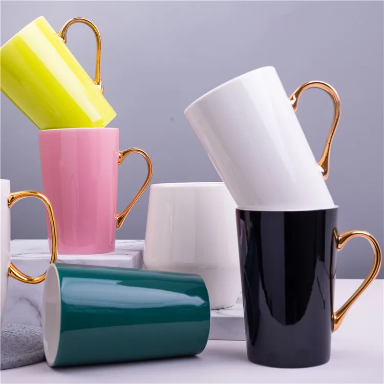 

Feiyou promotional custom 400ml blank sublimation porcelain milk tea cup luxury ceramic coffee mug with gold handle, Customized colors acceptable