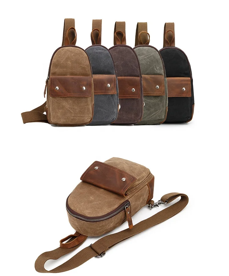 

2021 high quality personality high capacity waxed canvas waterproof chest bag with first layer cowhide crossbody bag, Customized