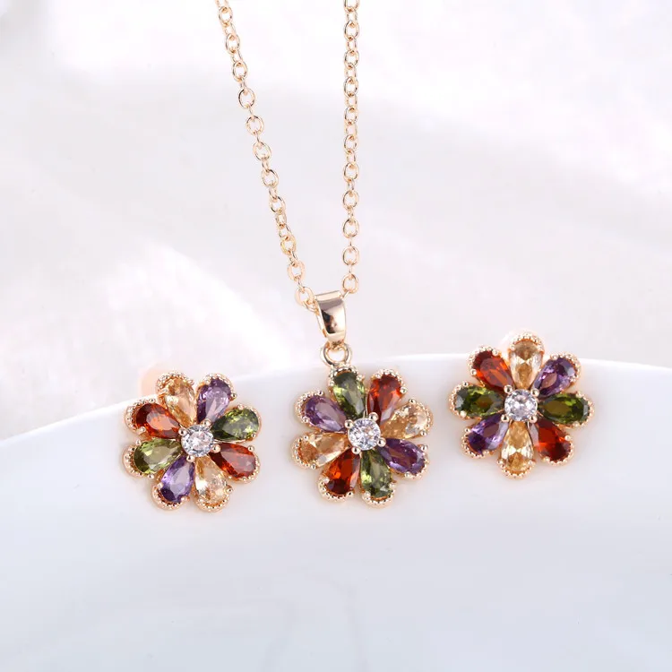 

Factory wholesale colorful dubai cheap bridal 18k gold plated zircon necklace and earrings jewelry set, Picture shows