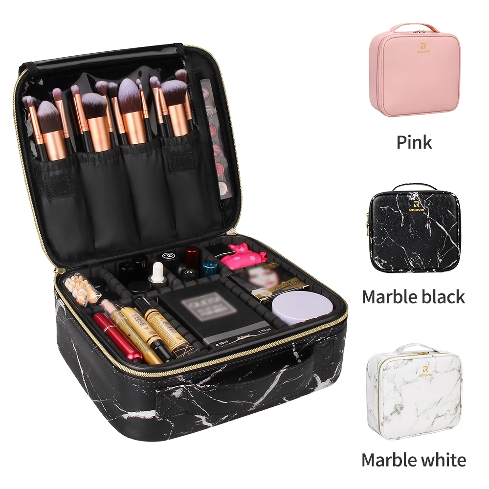 

Relavel 2021 New Luxury Portable Waterproof Train Adjustable Dividers Small Gold Zipper Cosmetic Beauty Makeup Case Bag, Marble black