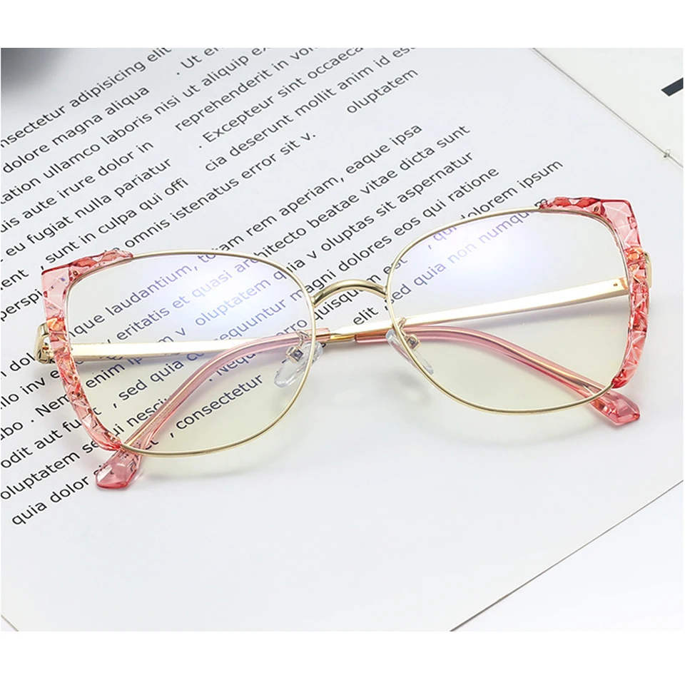 

91511 Oversize Metal Glasses Frame Optical Myopia eyeglasses with diamond blue light blocking glasses