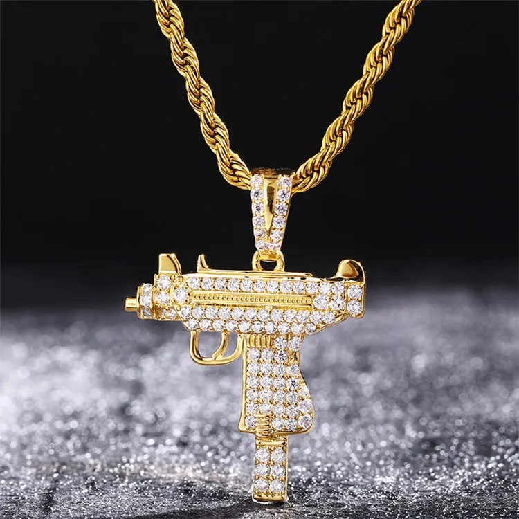 

European and American hot selling men's micro-inlaid zircon uzi submachine gun pendant pendant hip hop fashion trendy necklace, Picture shows