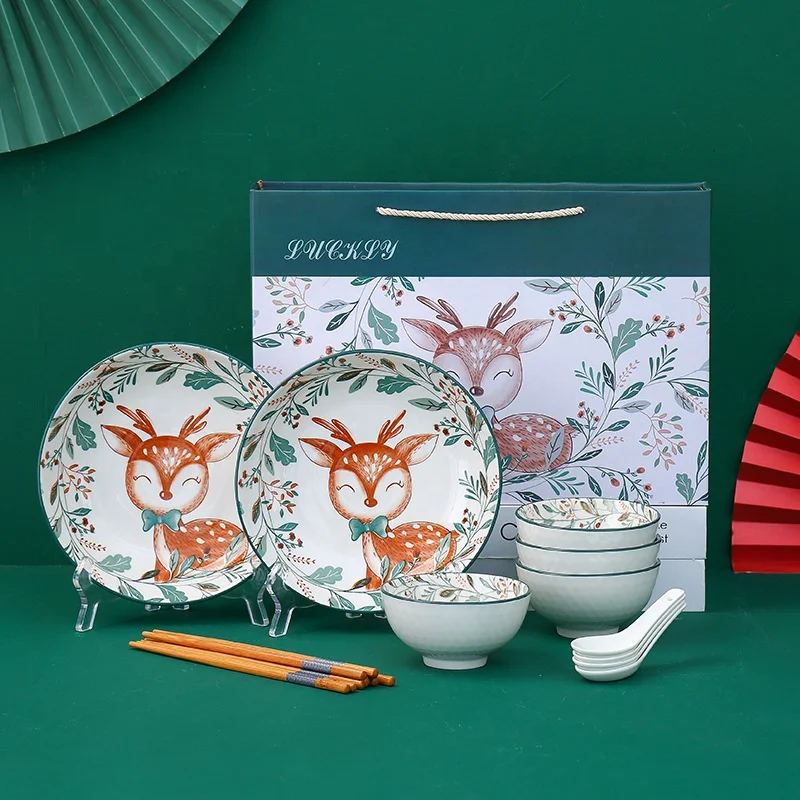 

4.5inch Ceramic Bowls with Chopsticks Spoons Set Deer Porcelain Bowl Plate Set Rice Bowl For Gift Christmas