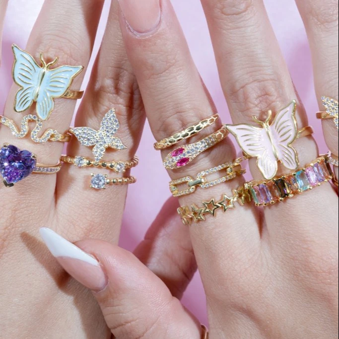 

18K Gold plated pastel enamel pink white blue butterfly ring adjust finger jewelry, Customized