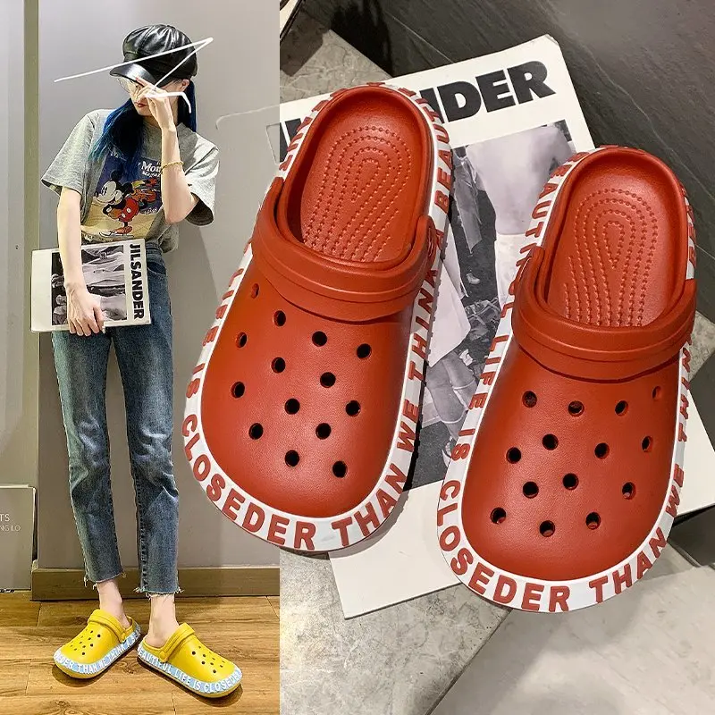

2021 new hole shoes female ins tide wear cute Baotou half-drag nurse thick-soled beach sandals and slippers for men, Pink/red/yellow/blue/navy blue