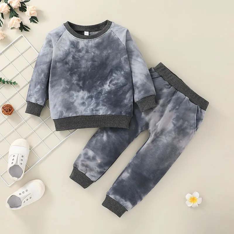 

Autumn Kids Clothing Sweatshirt Trouser Long Sleeve Print Pullover Tops Pants Sets 100% Cotton Girl Boy Tie Dye pajamas Outfits, Photo showed and customized color