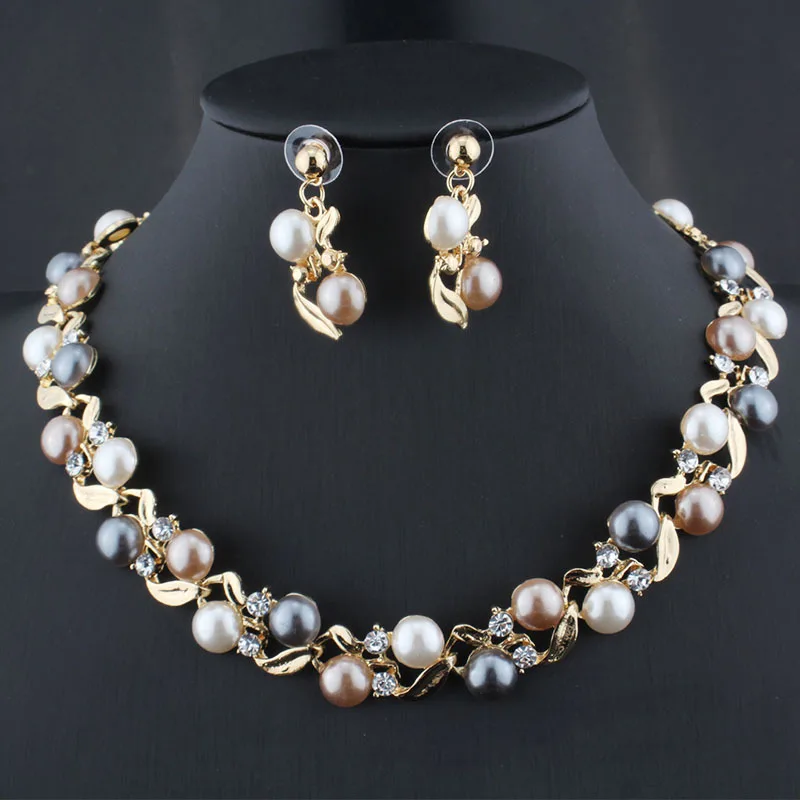 

Aug jewelry 2-piece set of European alloy color imitation pearl bridal necklace earrings wedding party accessories jewelry set
