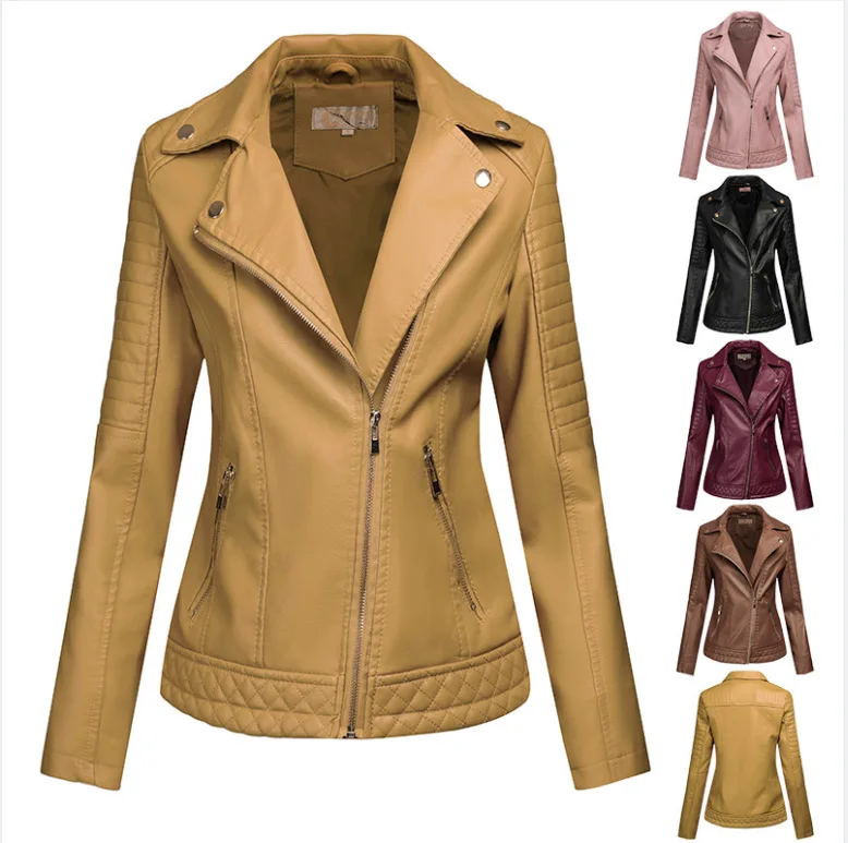 

Wholesale PU Jacket Lapel Motorcycle Jacket Short Coat 2021 Fall New Slim Fit Zipper Cool 5 Colors Women Coat, Shown