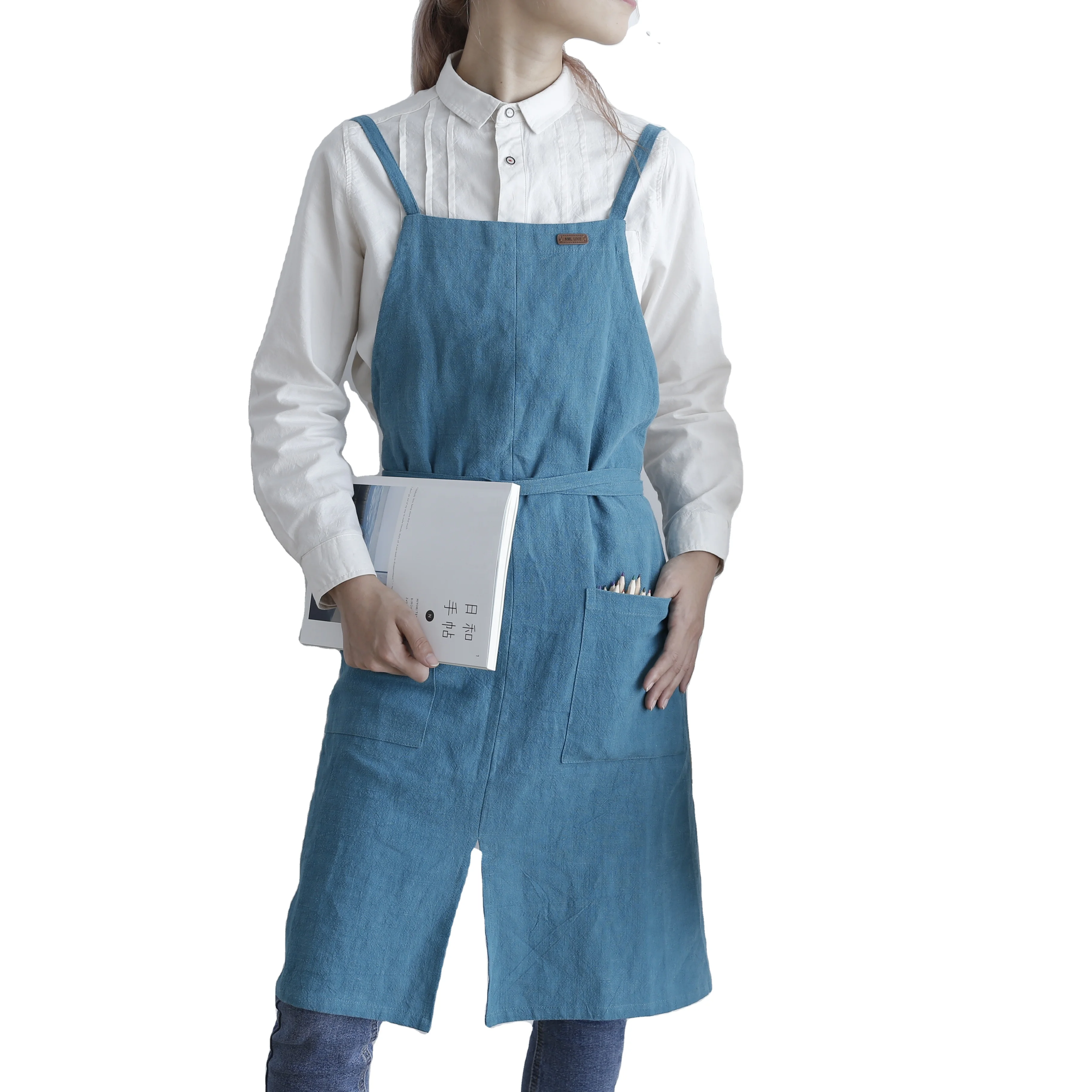 

Top Selling Logo Printed Nordic Adjustable Washed Kitchen Linen Custom Cotton Cooking Cross Back Apron, Multi color