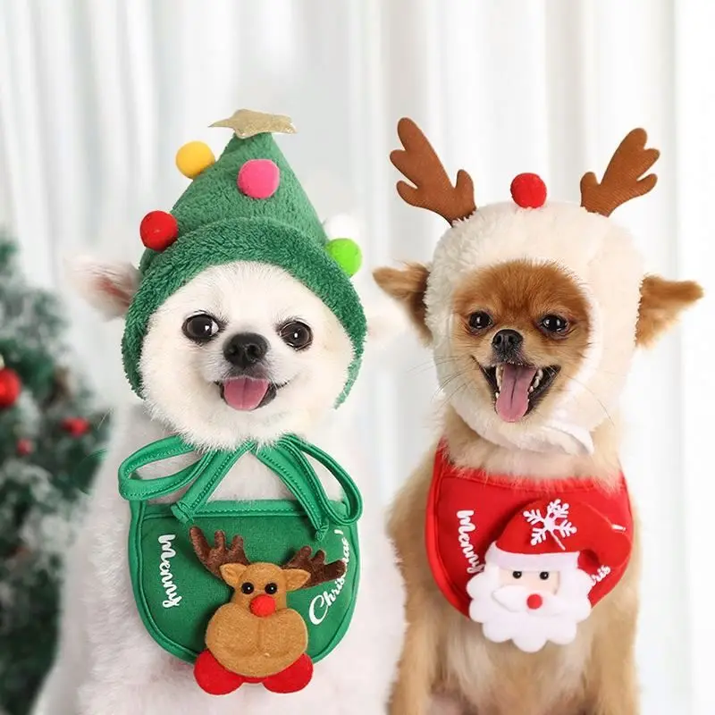 

New Cute Warm Dog Cat Christmas Decorations Bandanas Bib Scarf Saliva Towel With Hat Set, Customize color
