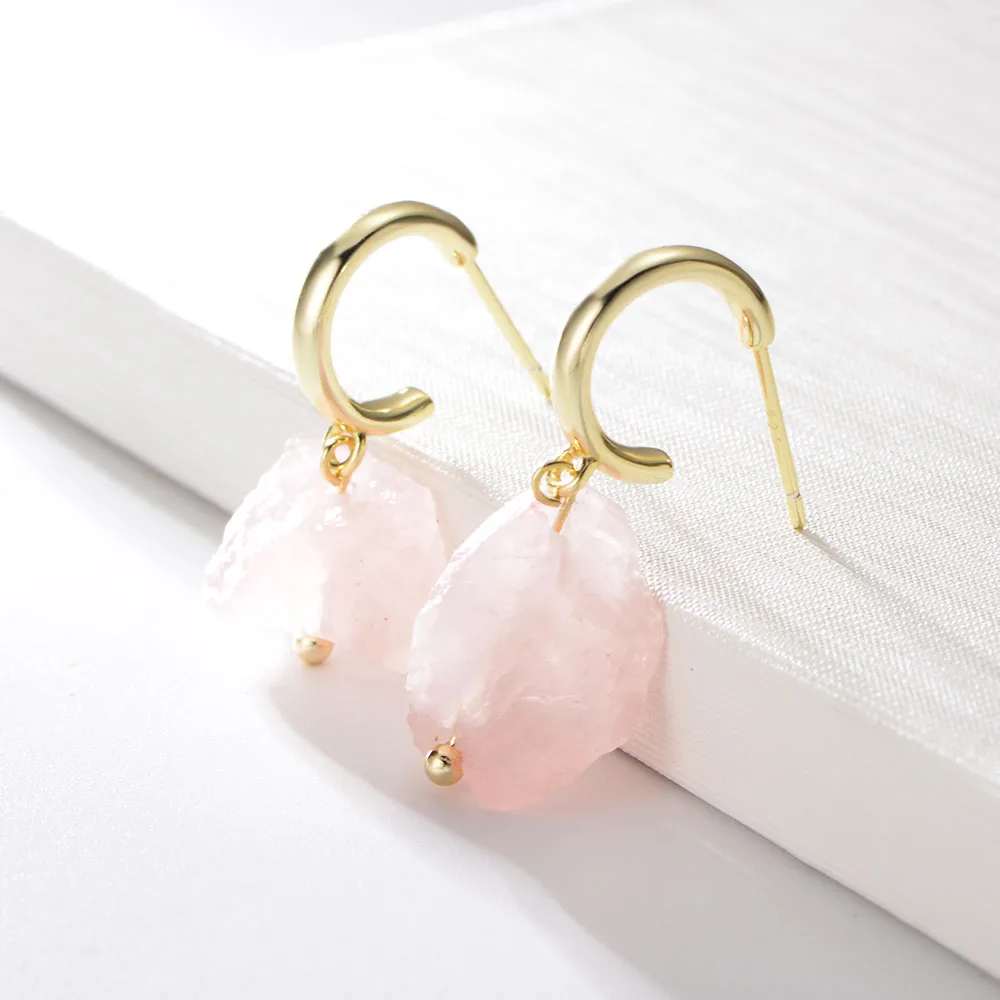 

Peishang Brand Rose Quartz Natural Shape Prong Set gold plating pure silver Gemstone Dangle Earrings