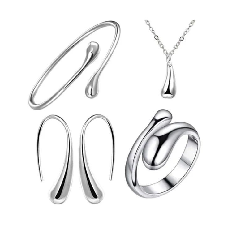 

925 Sterling Silver Plated Necklace Earring Ring Bangle Set for 4 Pcs, As photo