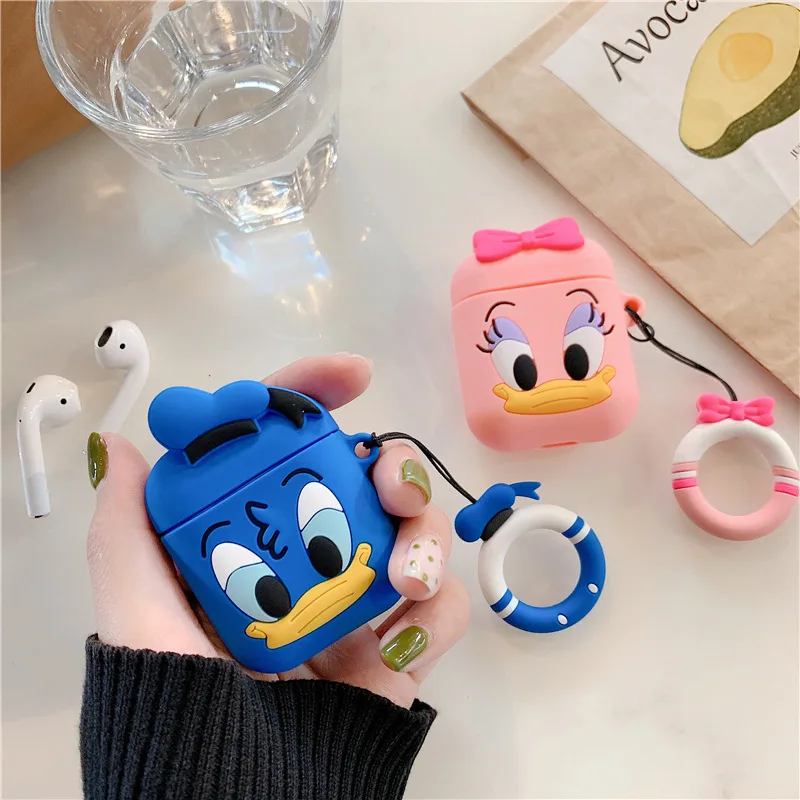

For Apple Airpods Earphone Cases with Cute Cartoon Donald Duck Daisy Strips for AirPods 1/2 Headphone Cover Finger Ring, Black silver pink