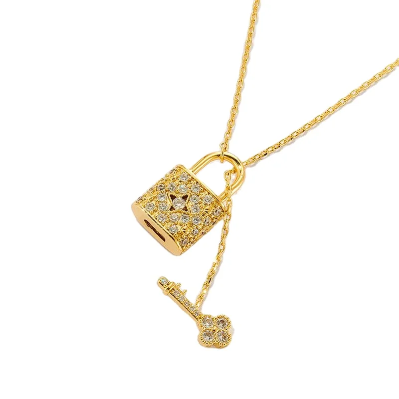 

2021 Hip Hop 14k Gold Jewelry Micro Pave Cubic Zircon Key Lock Locket Necklace for Women Girls, Picture shows