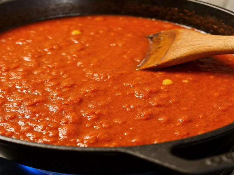 Homemade red enchilada sauce simmering in cast iron pot