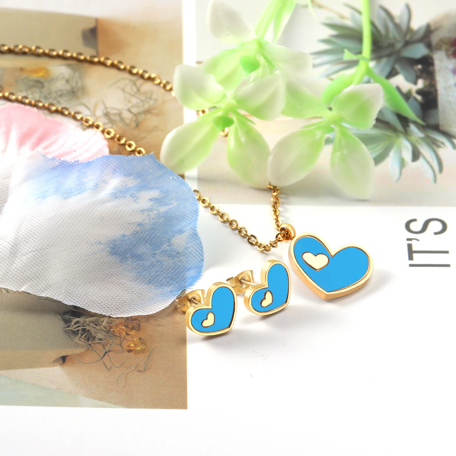 

Fashion 18K gold plated brand bridal stainless steel pendant women jewelry set blue color for new design