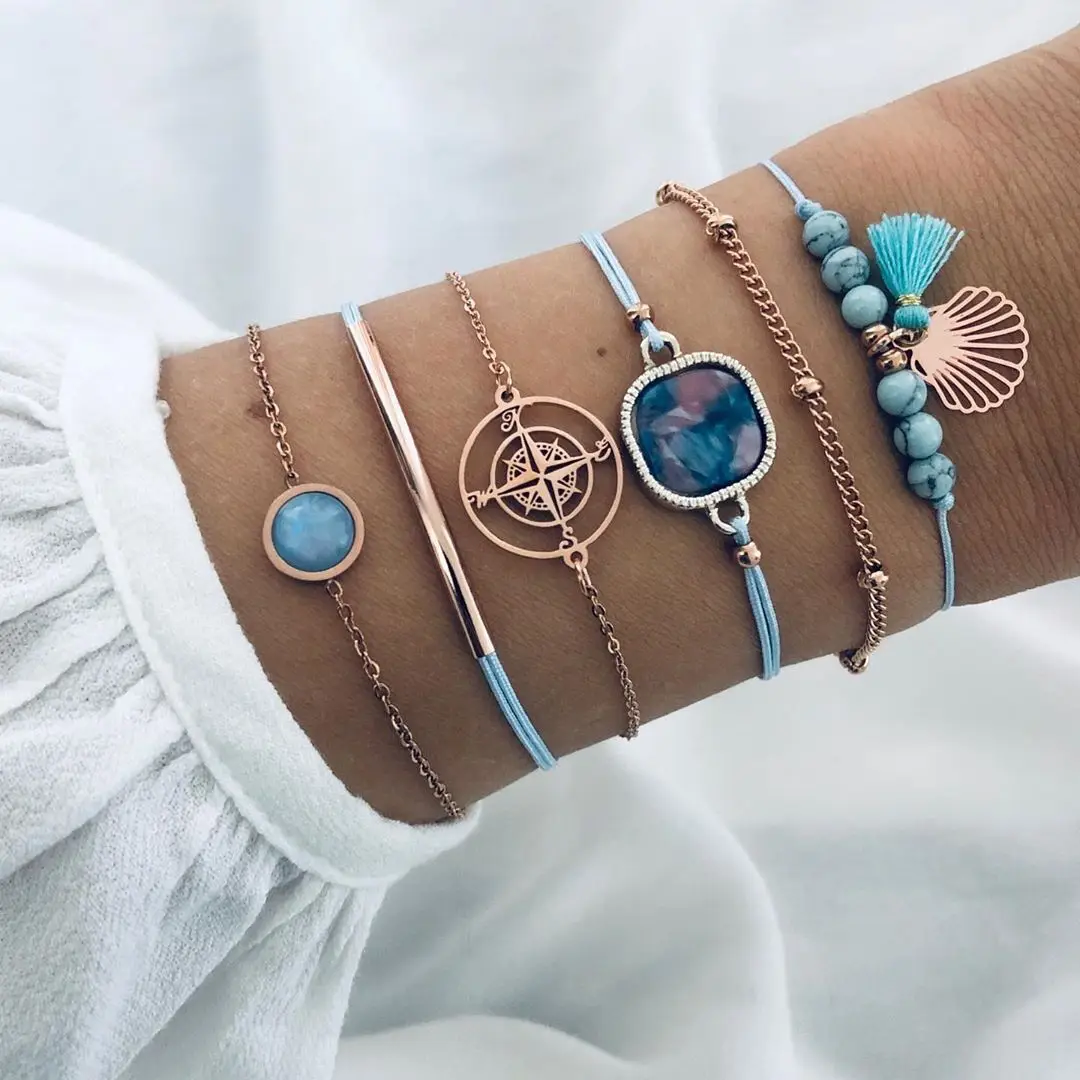 

Blue Beaded Tassel String Ocean Color Compass Personalized Multi Layered Shell Bracelet for Women